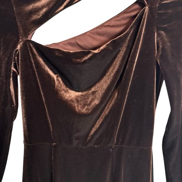 Rene Ruiz Brown Velvet Long Sleeve Cut Out Midi Cocktail Dress Size 0 - Picture 9 of 15